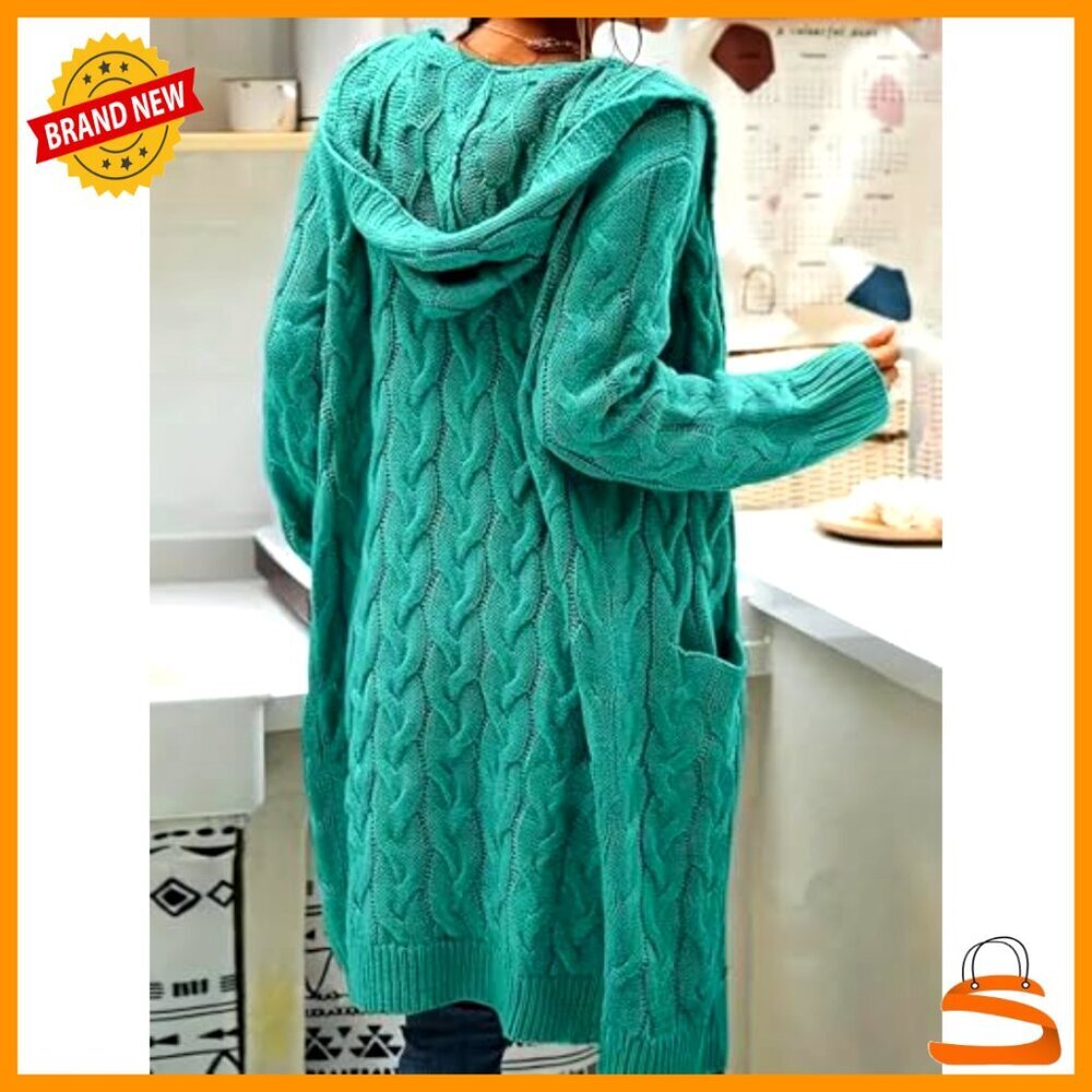 Long Cable Knit Cardigan Open Front Oversized Chic Sweater with Pockets - Picture 4 of 4